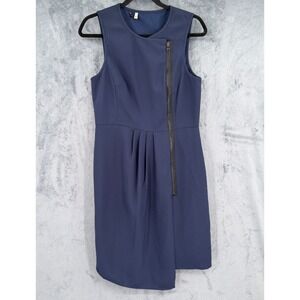 4C‎ Dress Women Size 8 Anthropologie Navy Blue Asymmetric Zip Sheath Pleated